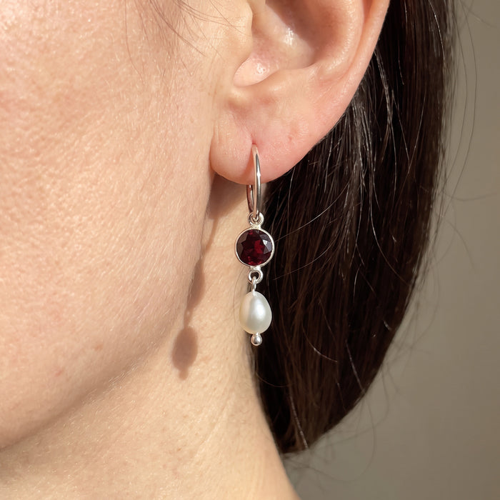 Gemma Hoop Earrings | Garnet + Pearl