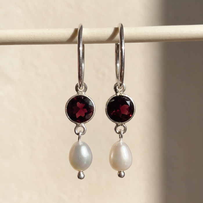 Gemma Hoop Earrings | Garnet + Pearl