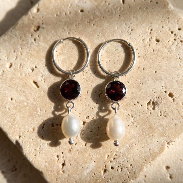Gemma Hoop Earrings | Garnet + Pearl