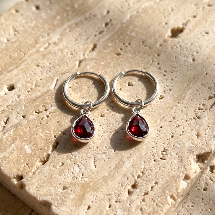 Gemma Hoop Earrings | Garnet + Silver