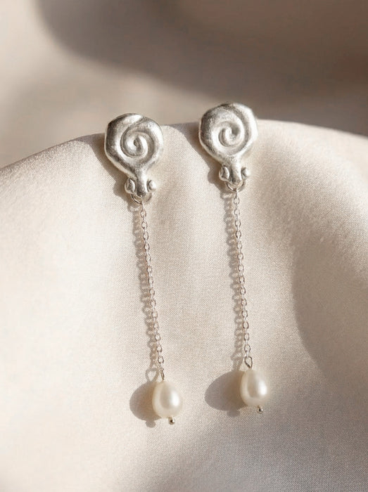 Granea Earrings | Silver + Hanging Natural Pearls