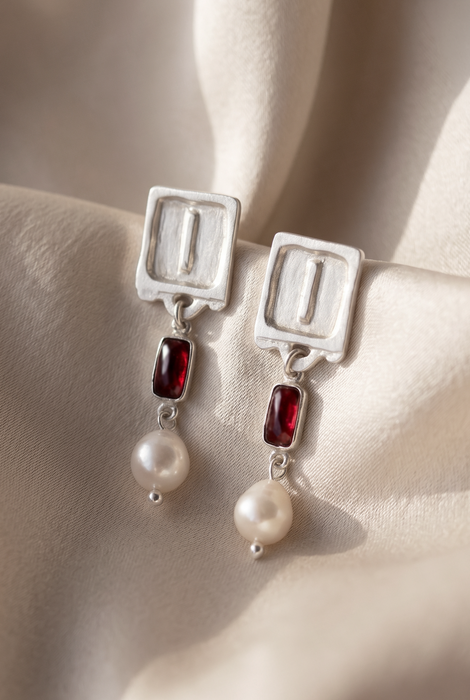 Malen Carmine Earrings | Silver + Garnet + Natural Pearl