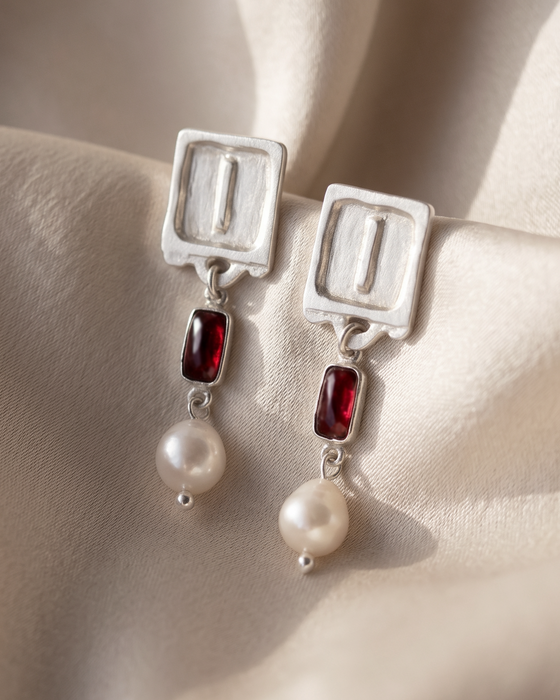 Malen Carmine Earrings | Silver + Garnet + Natural Pearls