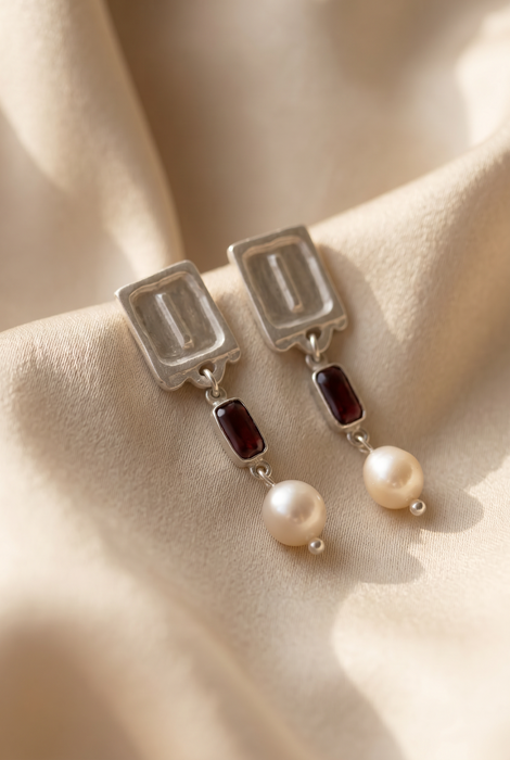 Malen Carmine Earrings | Silver + Garnet + Natural Pearl