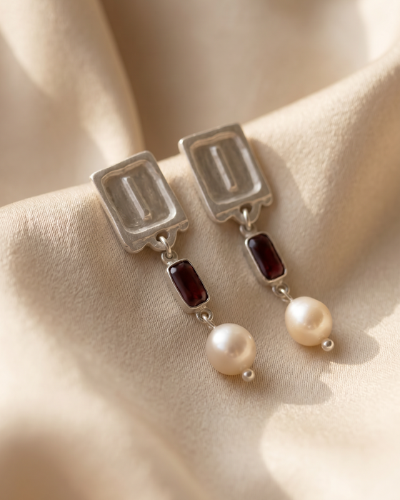 Malen Carmine Earrings | Silver + Garnet + Natural Pearls