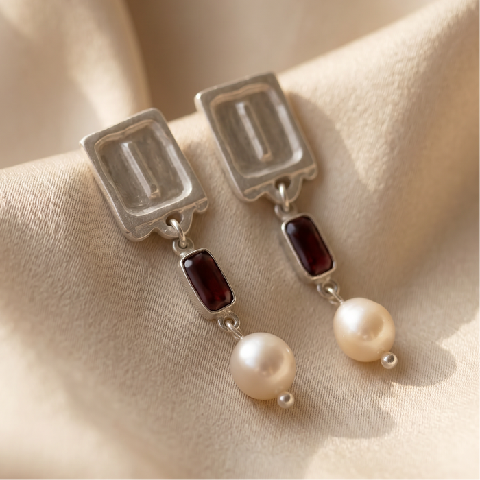 Malen Carmine Earrings | Silver + Garnet + Natural Pearls