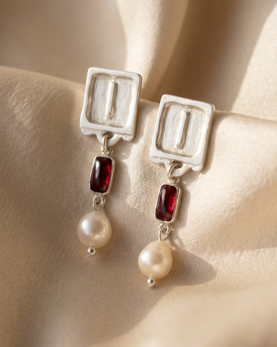 Malen Carmine Earrings | Silver + Garnet + Natural Pearls