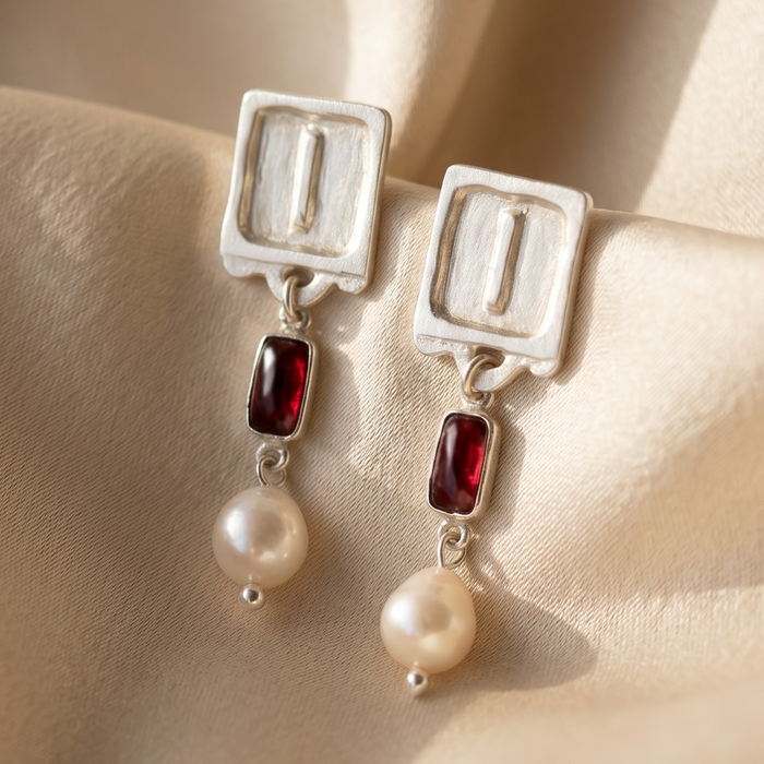 Malen Carmine Earrings | Silver + Garnet + Natural Pearls