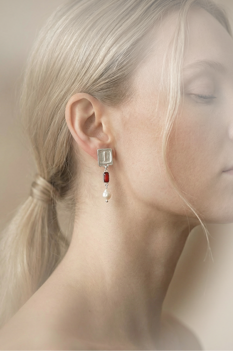 Malen Carmine Earrings | Silver + Garnet + Natural Pearl