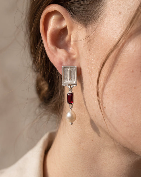 Malen Carmine Earrings | Silver + Garnet + Natural Pearls