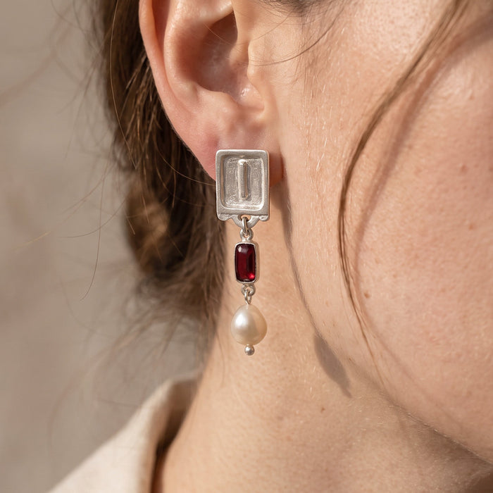 Malen Carmine Earrings | Silver + Garnet + Natural Pearls